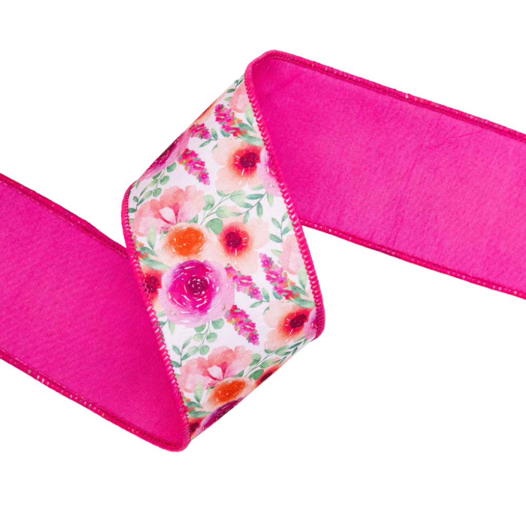 2 1/2" Wired Dupioni Ribbon | Bright Floral Bouquet w/ Pink Backing | 10 Yard Roll