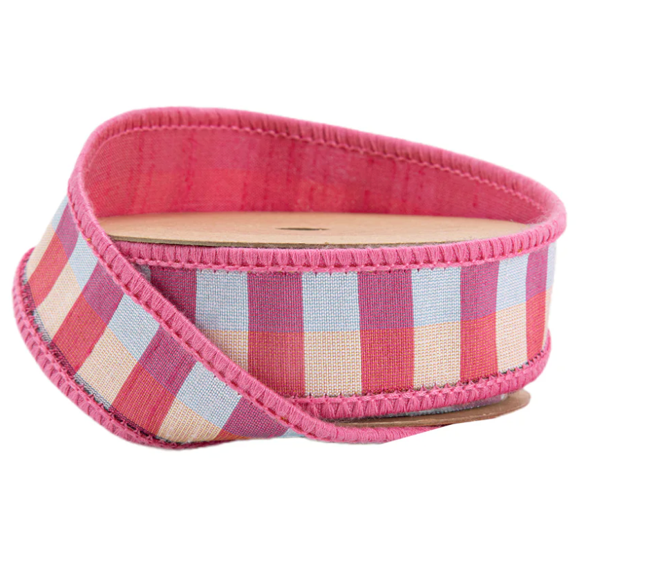 1" Wired Ribbon | Pink/Multi Small Check w/ Pink Dupioni-fused Backing | 10 Yard Roll