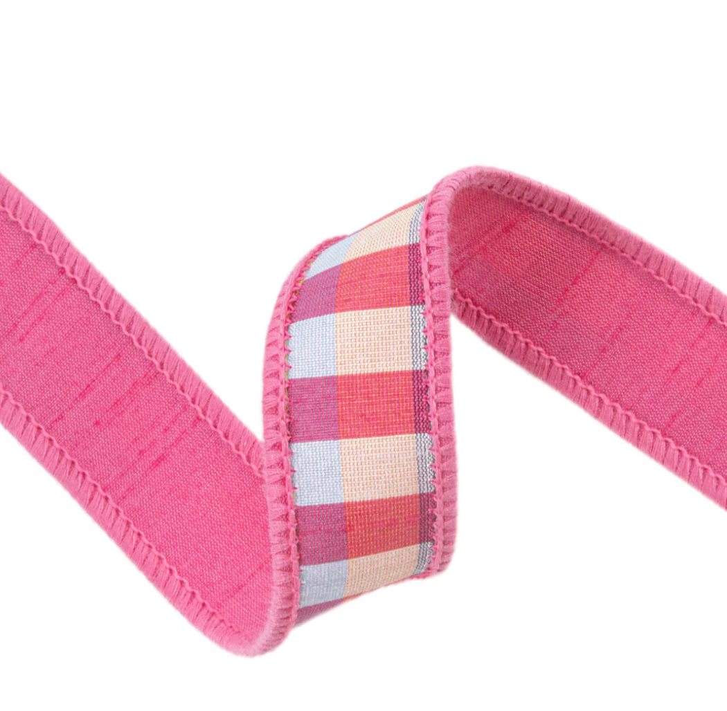 1" Wired Ribbon | Pink/Multi Small Check w/ Pink Dupioni-fused Backing | 10 Yard Roll