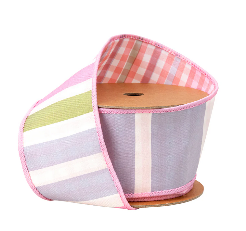 2 1/2" Wired Dupioni Ribbon | Green/Pink/Purple Large Horizontal Stripe with Pink Gingham Backing | 10 Yard Roll