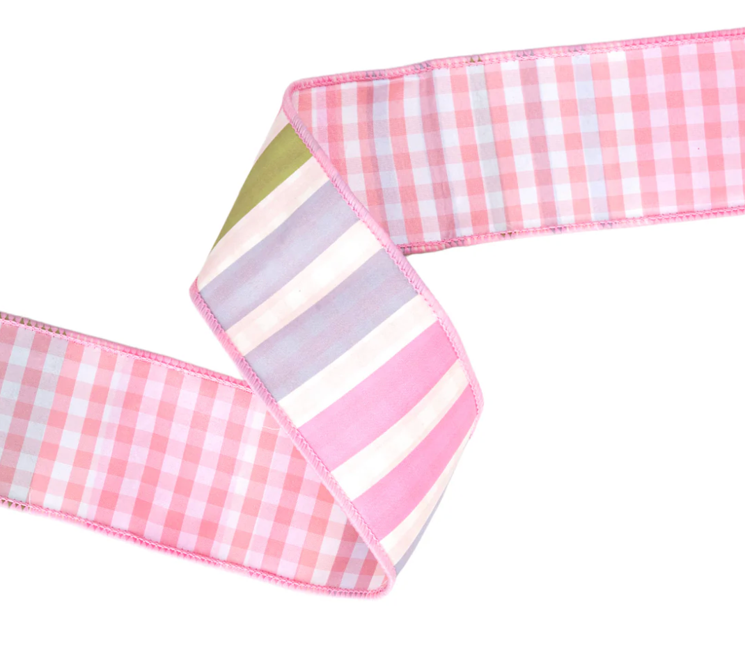 2 1/2" Wired Dupioni Ribbon | Green/Pink/Purple Large Horizontal Stripe with Pink Gingham Backing | 10 Yard Roll
