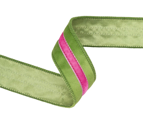 1 1/2" Wired Velvet Ribbon w/ Trim | Green w/ Pink Trim | 10 Yard Roll