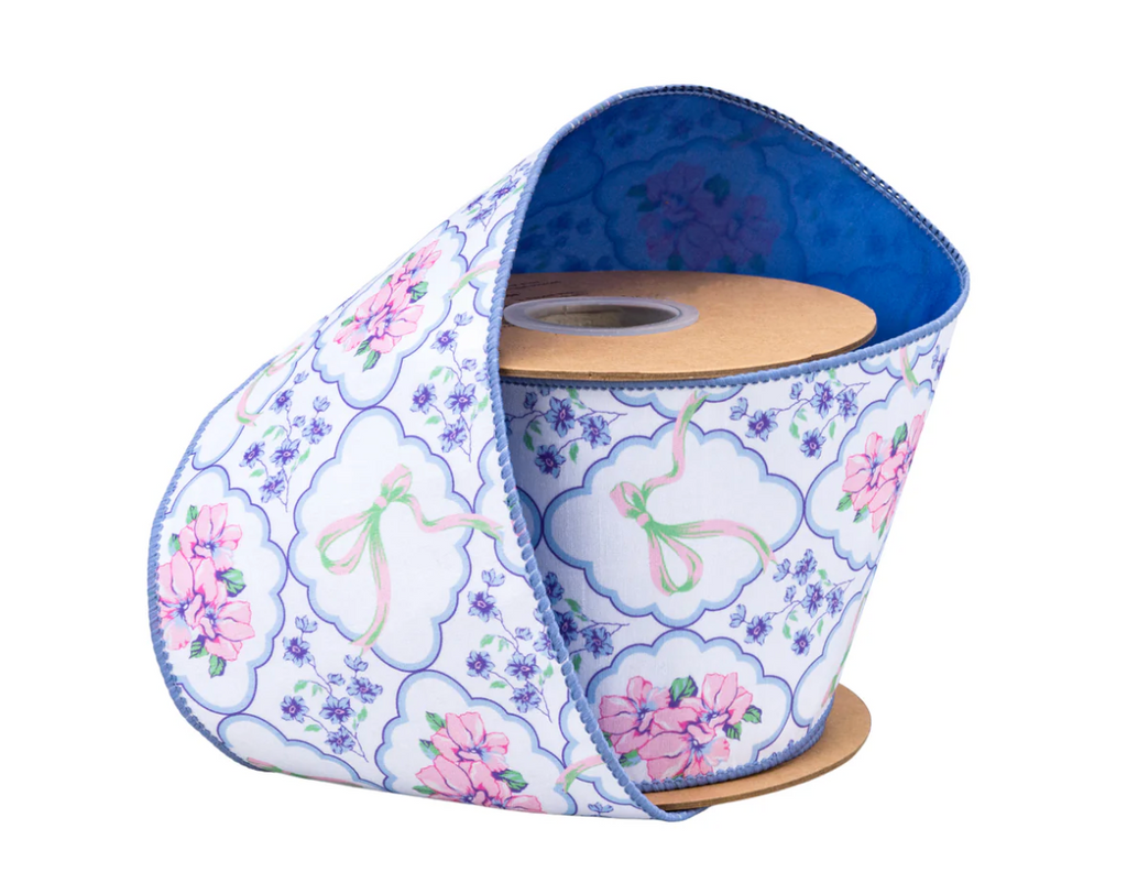 4" Wired Dupioni Ribbon | Bows and Floral Diamonds w/ Blue Backing | 10 Yard Roll