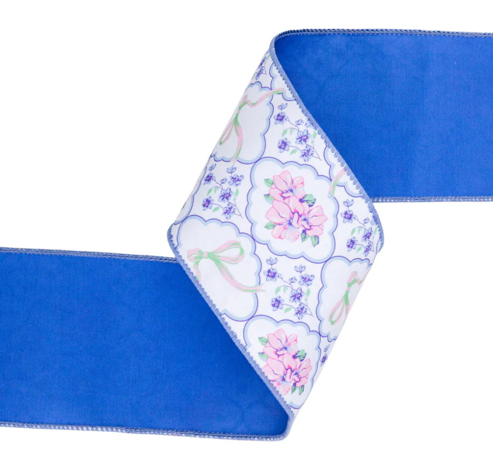 4" Wired Dupioni Ribbon | Bows and Floral Diamonds w/ Blue Backing | 10 Yard Roll