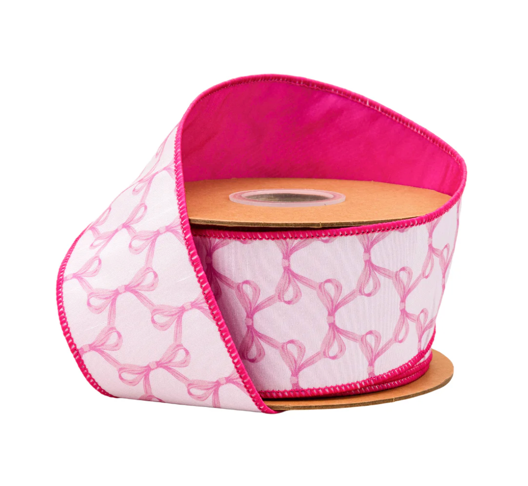 2 1/2" Wired Dupioni Ribbon | Pink Bows on White w/ Pink Backing | 10 Yard Roll