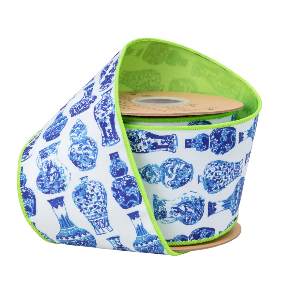 4" Wired Dupioni Ribbon | Blue and White China Pots w/ Lime Green Backing | 10 Yard Roll