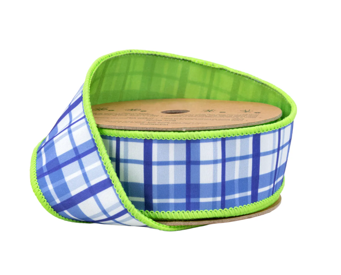 1 1/2" Wired Dupioni Ribbon | Blue and White Plaid w/ Lime Green Backing | 10 Yard Roll