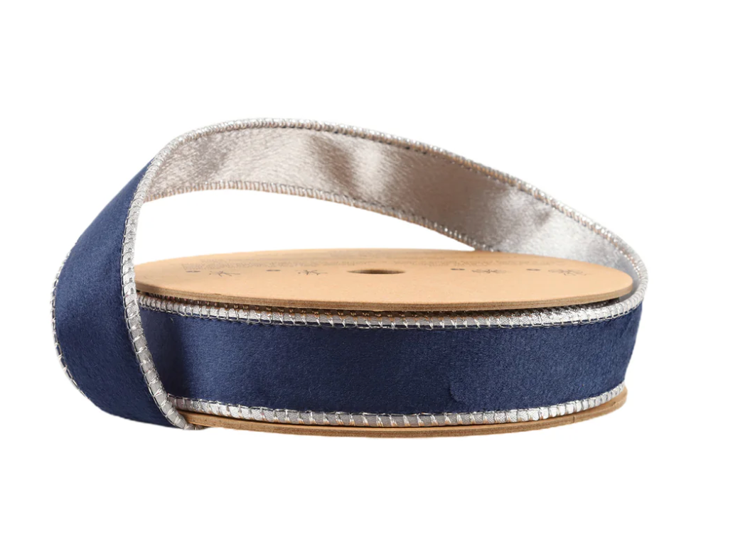 1" Reversible Classic Velvet Wired Ribbon | Navy/Silver | 10 Yard Roll