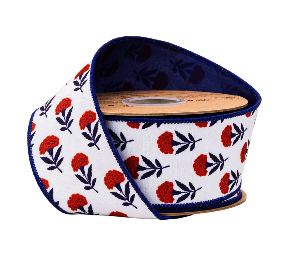 2 1/2" Wired Dupioni Ribbon | Red/White/Blue Floral w/ Blue Backing | 10 Yard Roll