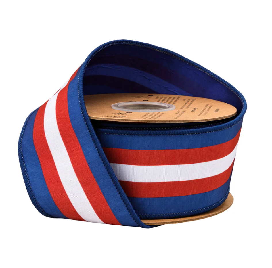 2 1/2" Wired Dupioni Ribbon | Red/White/Blue Center Stripe w/ Blue Backing | 10 Yard Roll