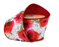 4" Wired Dupioni Ribbon | Poppies on White w/ Red Backing | 10 Yard Roll