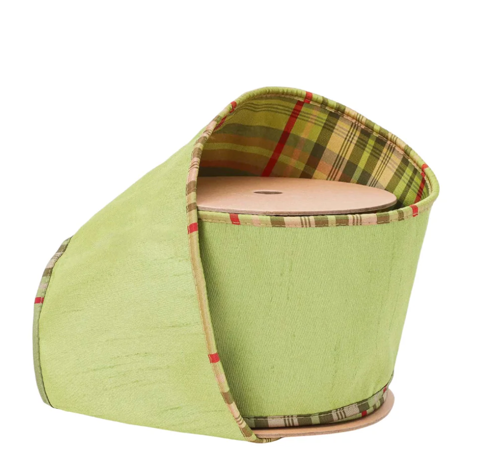 4" Wired Reversible Dupioni Ribbon | Moss w/ Moss Plaid Piping and Backing | 10 Yard Roll
