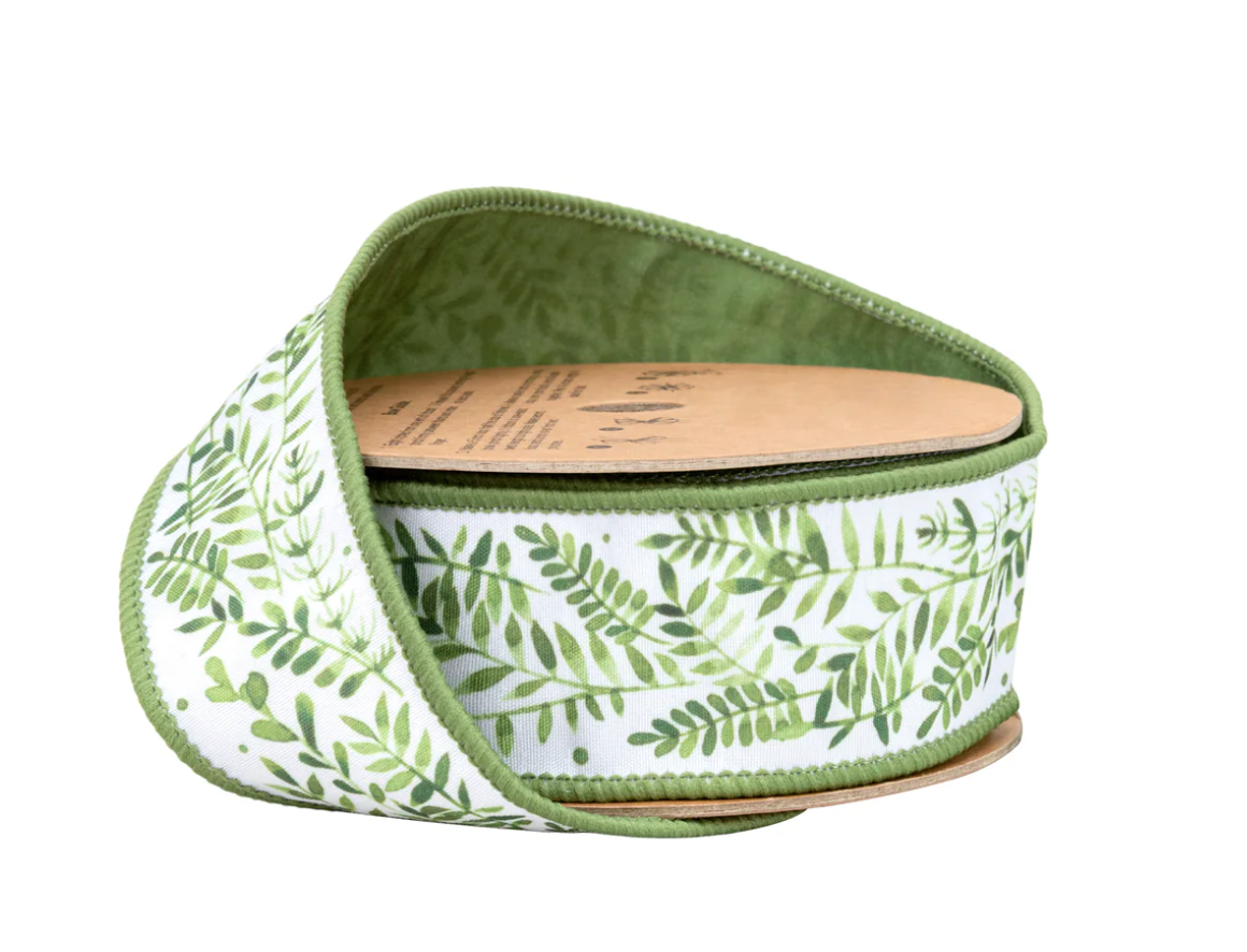 1 1/2" Wired Dupioni Ribbon | Ferns on White w/ Green Backing | 10 Yard Roll