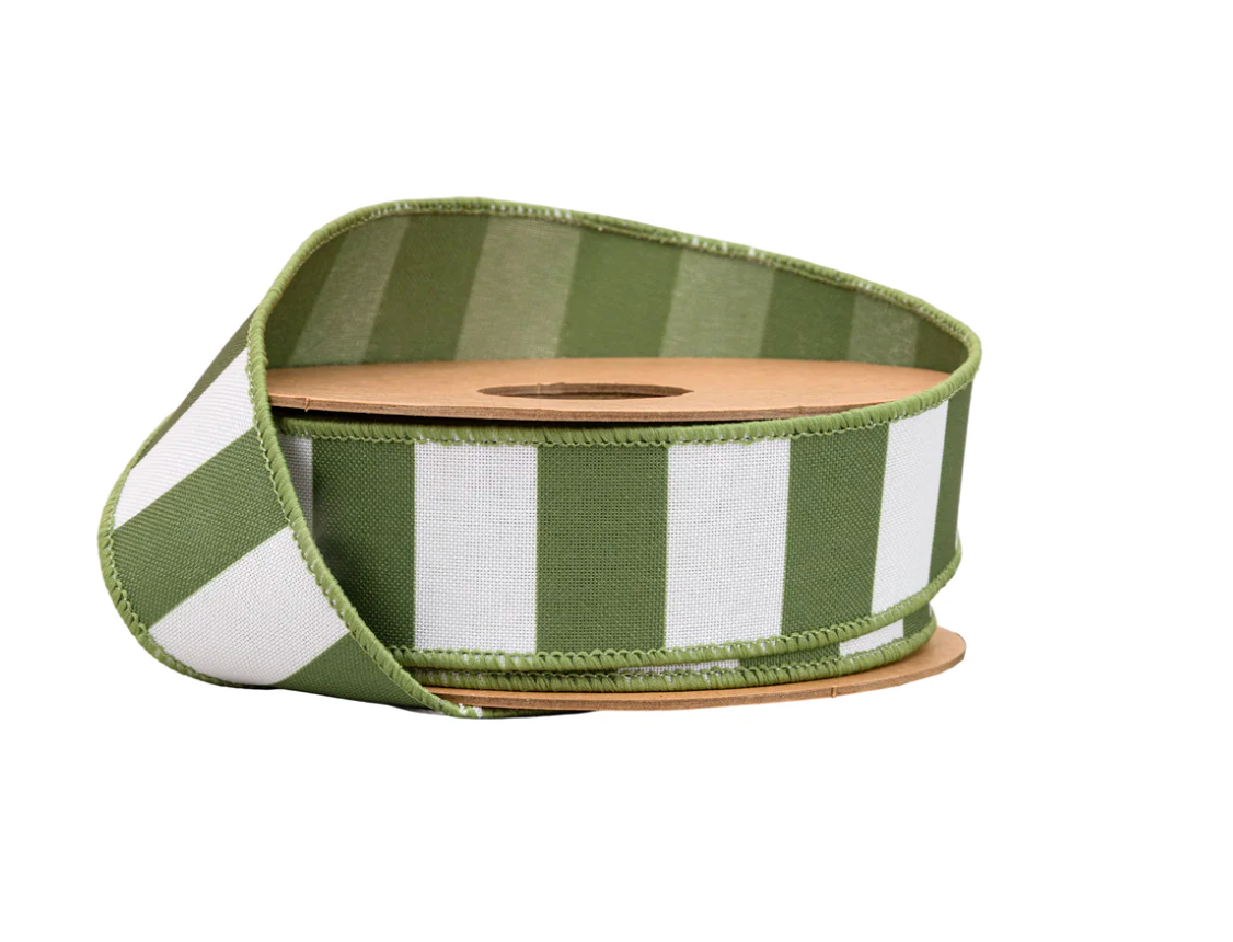 1 1/2" Wired Ribbon | Green Horizontal Stripe w/ Green Backing | 10 Yard Roll