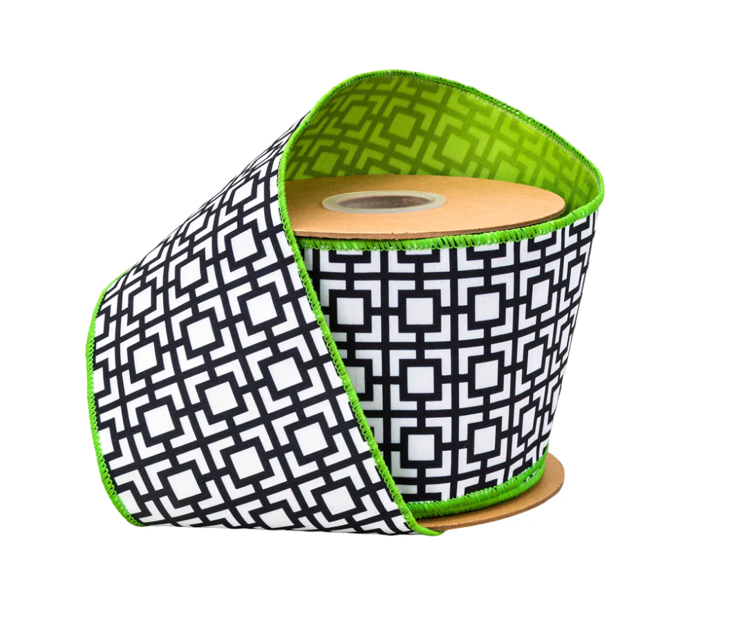 4" Wired Dupioni Ribbon | Black/White Breeze Block w/ Lime Green Backing | 10 Yard Roll